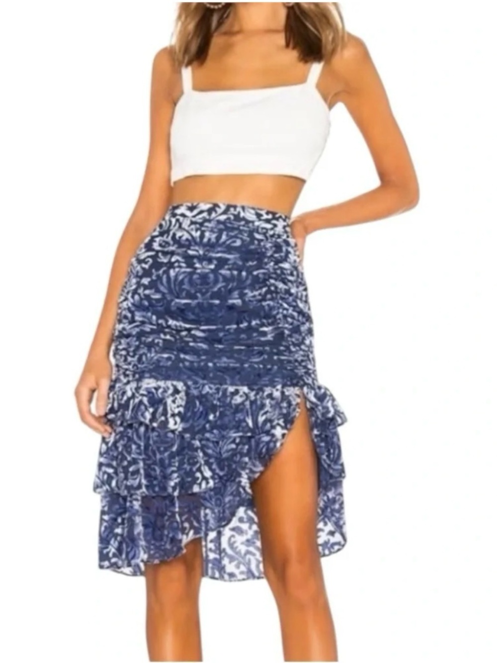 Majorelle Gabriella Skirt size small Blue Floral Ruffle High-Slit Skirt